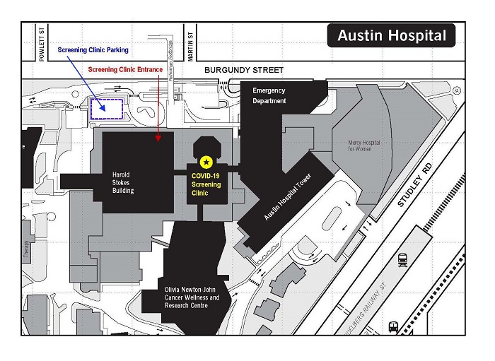 Map showing the location of parking and entrance to the screening clinic