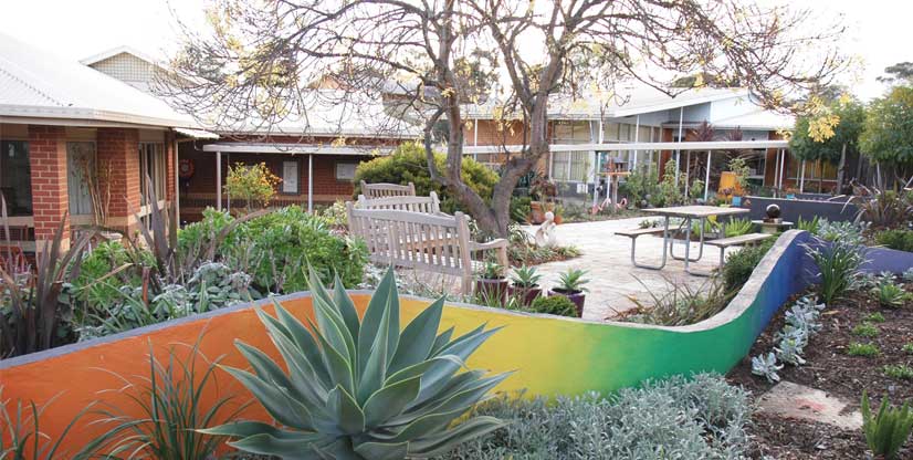 View of the Brain Disorders Unit through the sensory garden