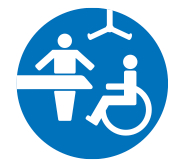 Changing Places symbol - a circular sign depicting a person in a wheelchair with an assistant and a hoist/table, indicating a, safe, and fully equipped space.