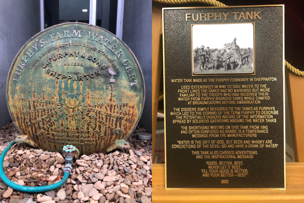 Furphy tank and Furphy plaque in the Furphy Garden at the Heidelberg Repatriation Hospital