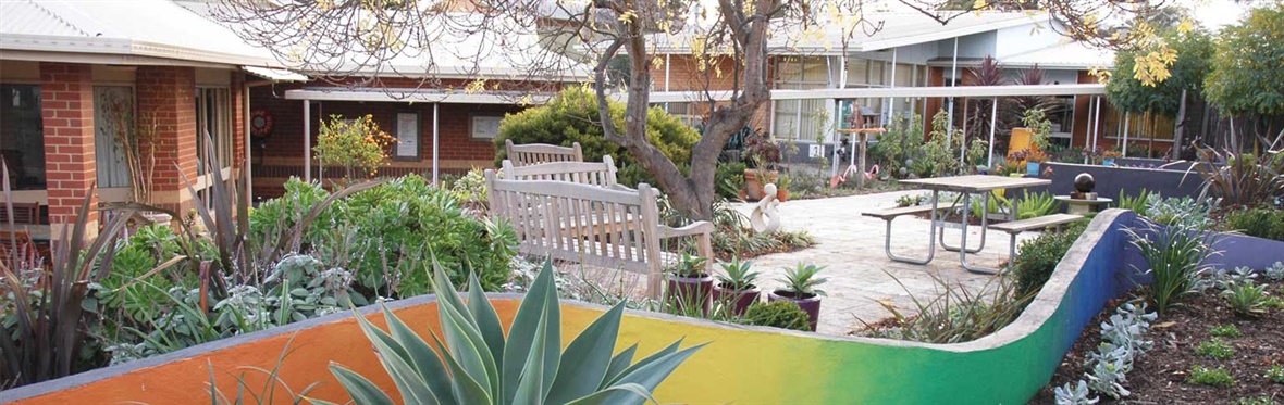 View of the Brain Disorders Unit through the sensory garden