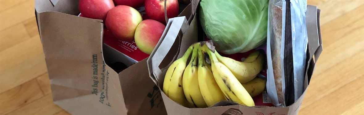 Groceries sitting on the floor in two paper bags